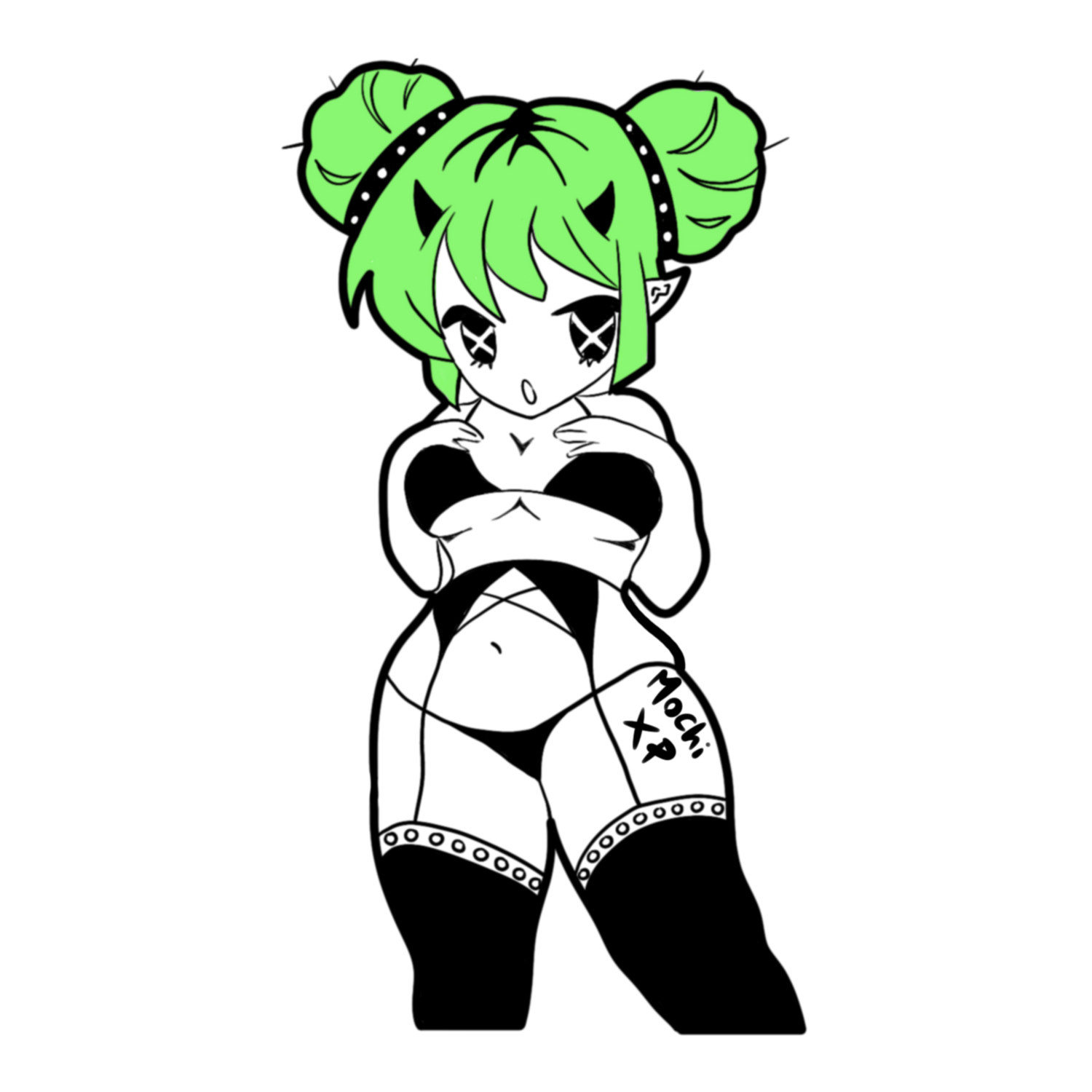 Mochi XP Anime character with green hair and black and white outfit on a white background